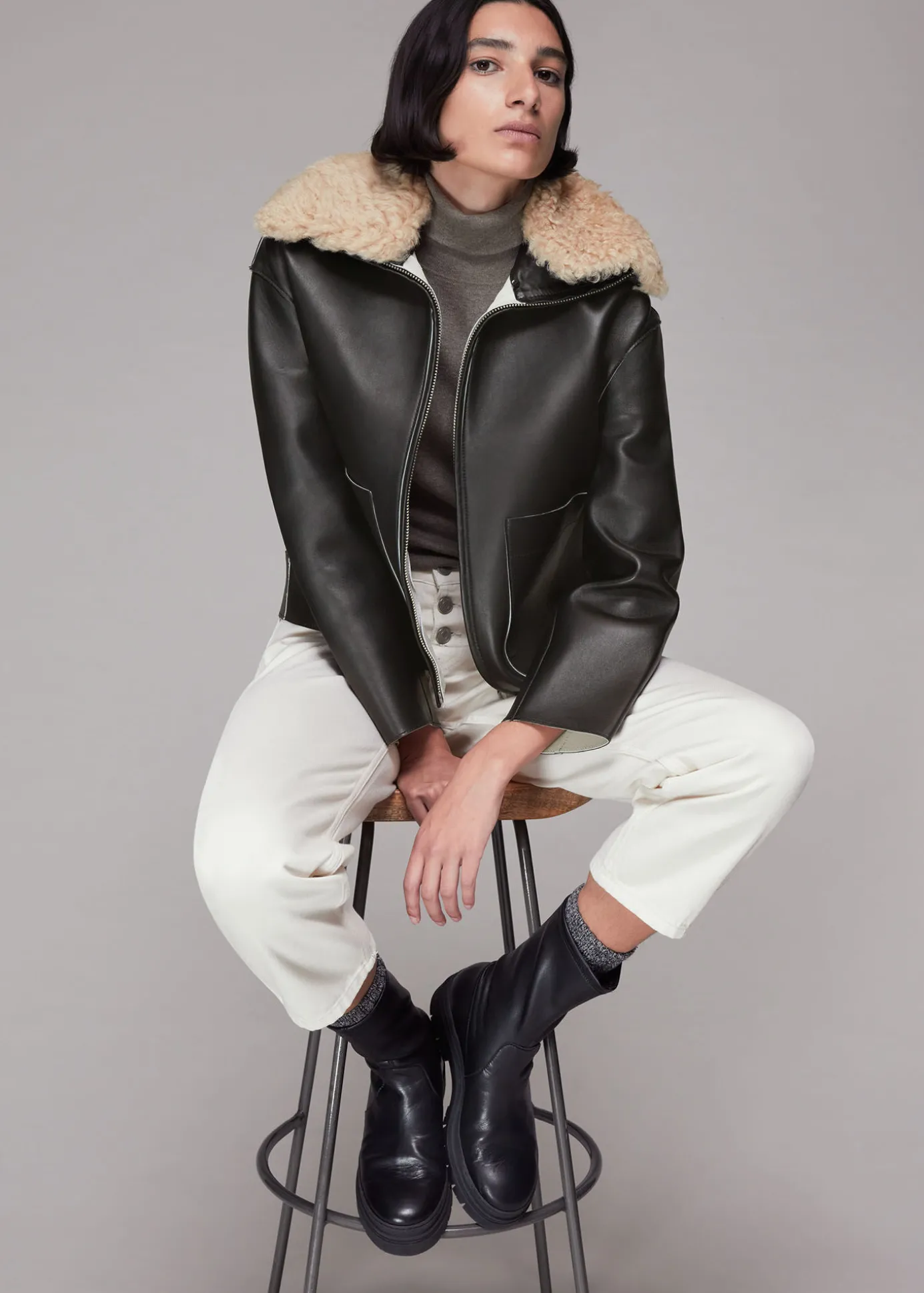 Black Bonded Shearling Collar Jacket