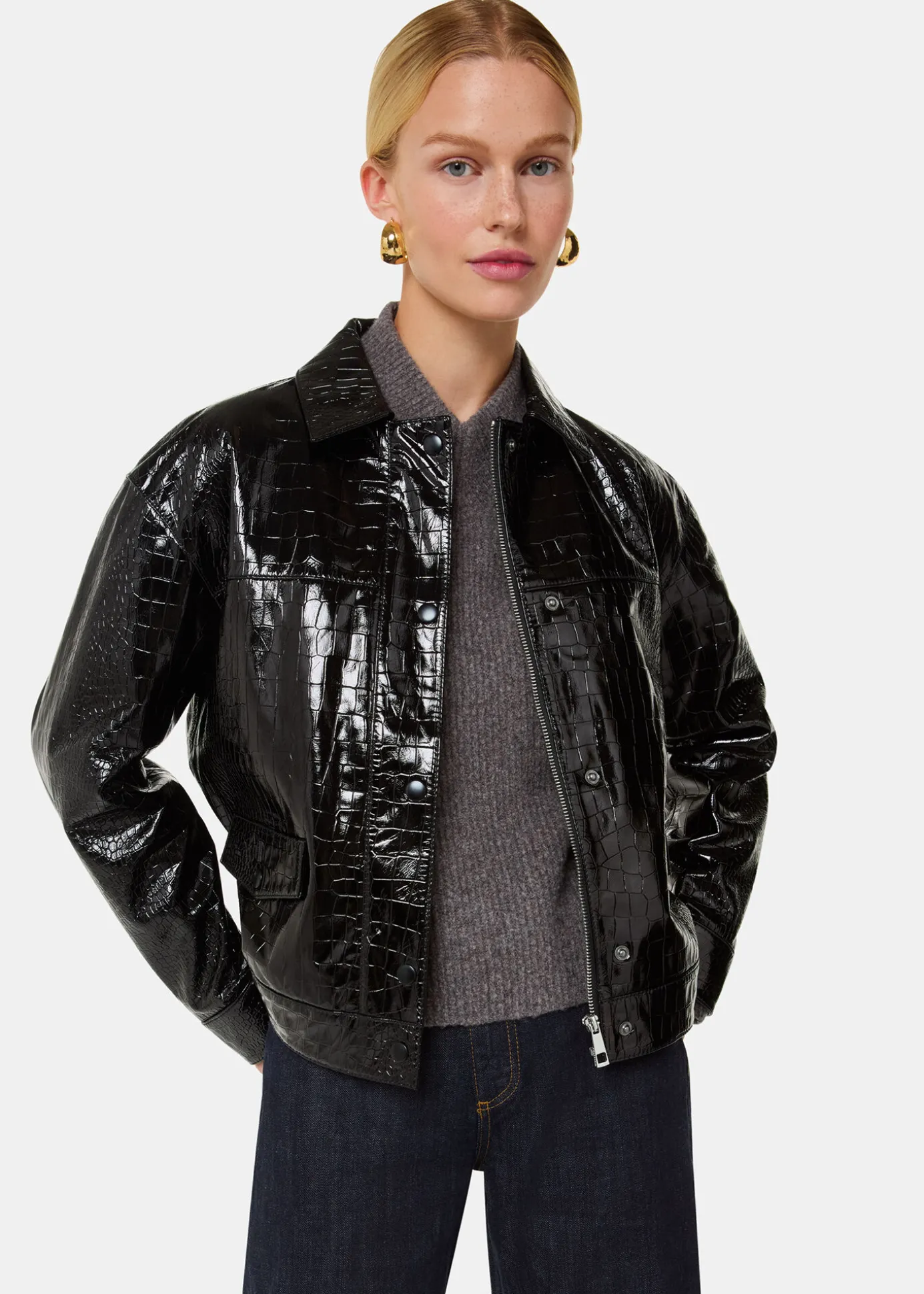 Black Casi Patent Leather Croc Biker