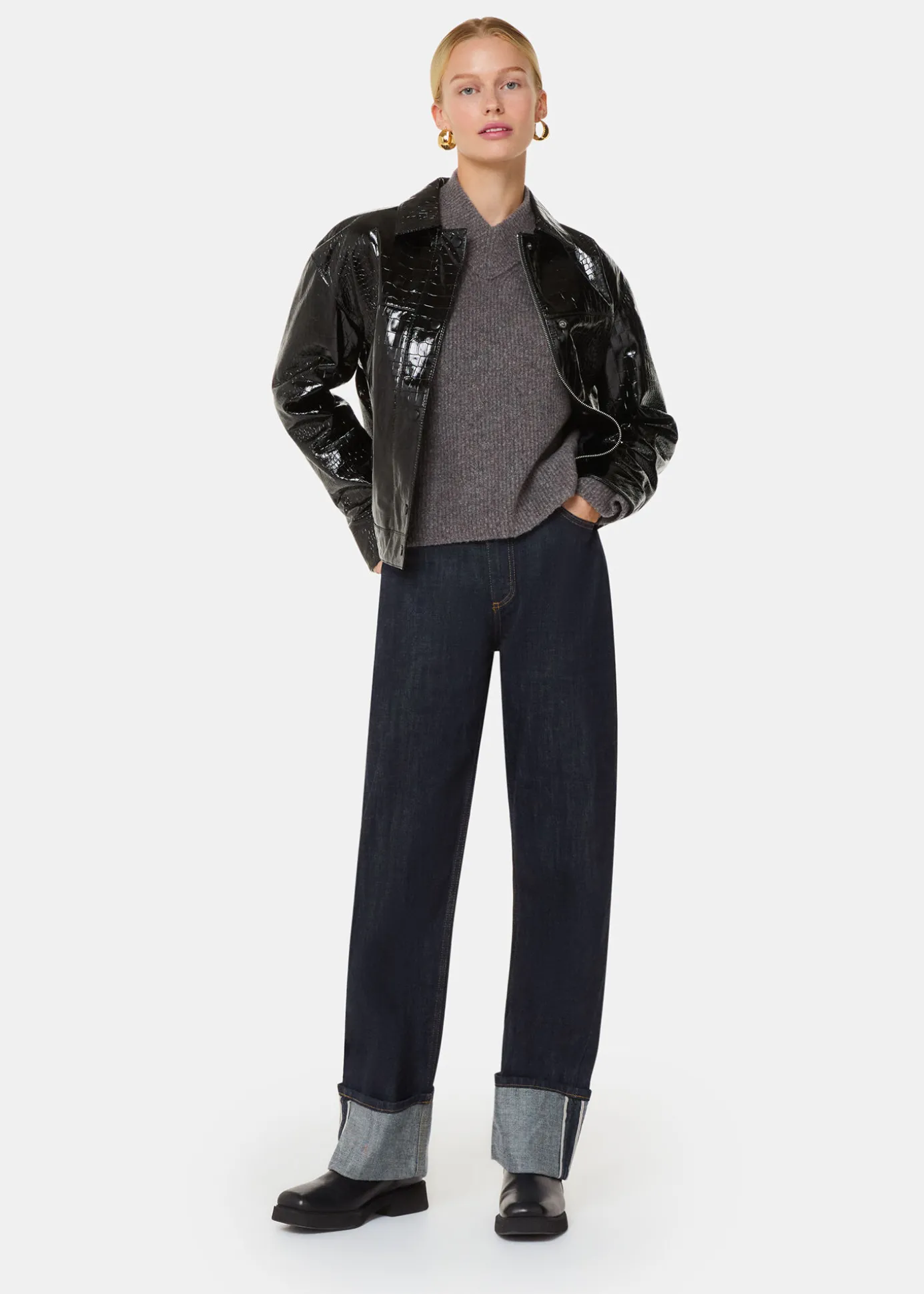 Black Casi Patent Leather Croc Biker