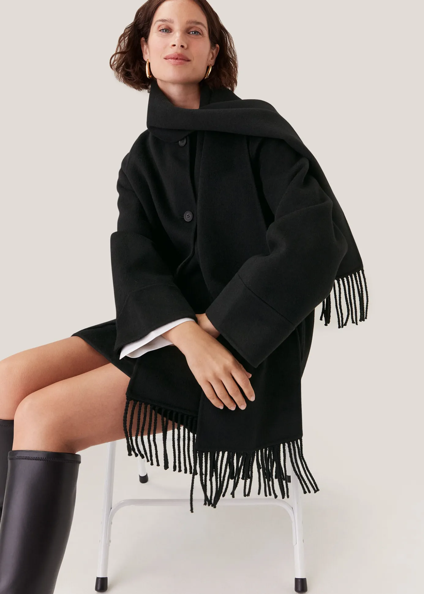 Black Double Face Wool Fringe Coat