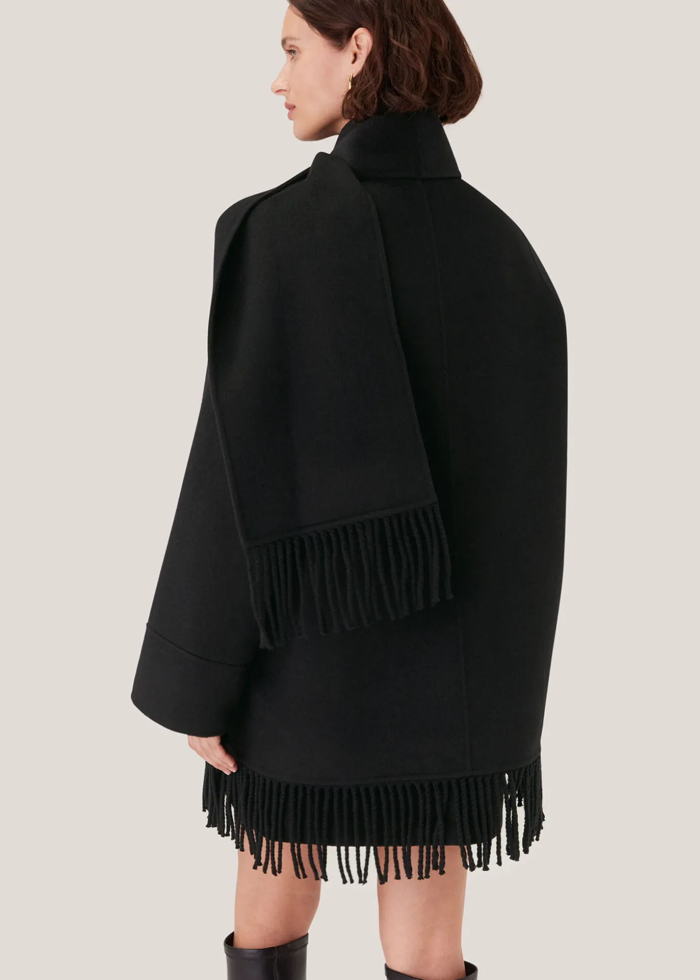 Black Double Face Wool Fringe Coat