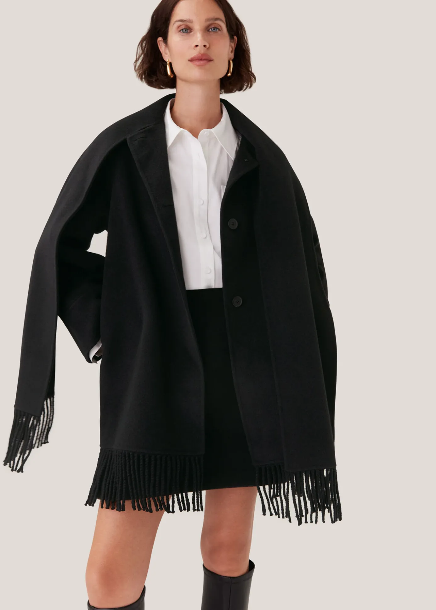 Black Double Face Wool Fringe Coat
