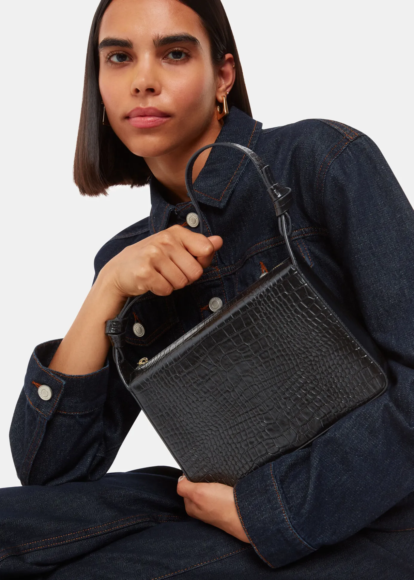 Black Erica Croc Shoulder Bag