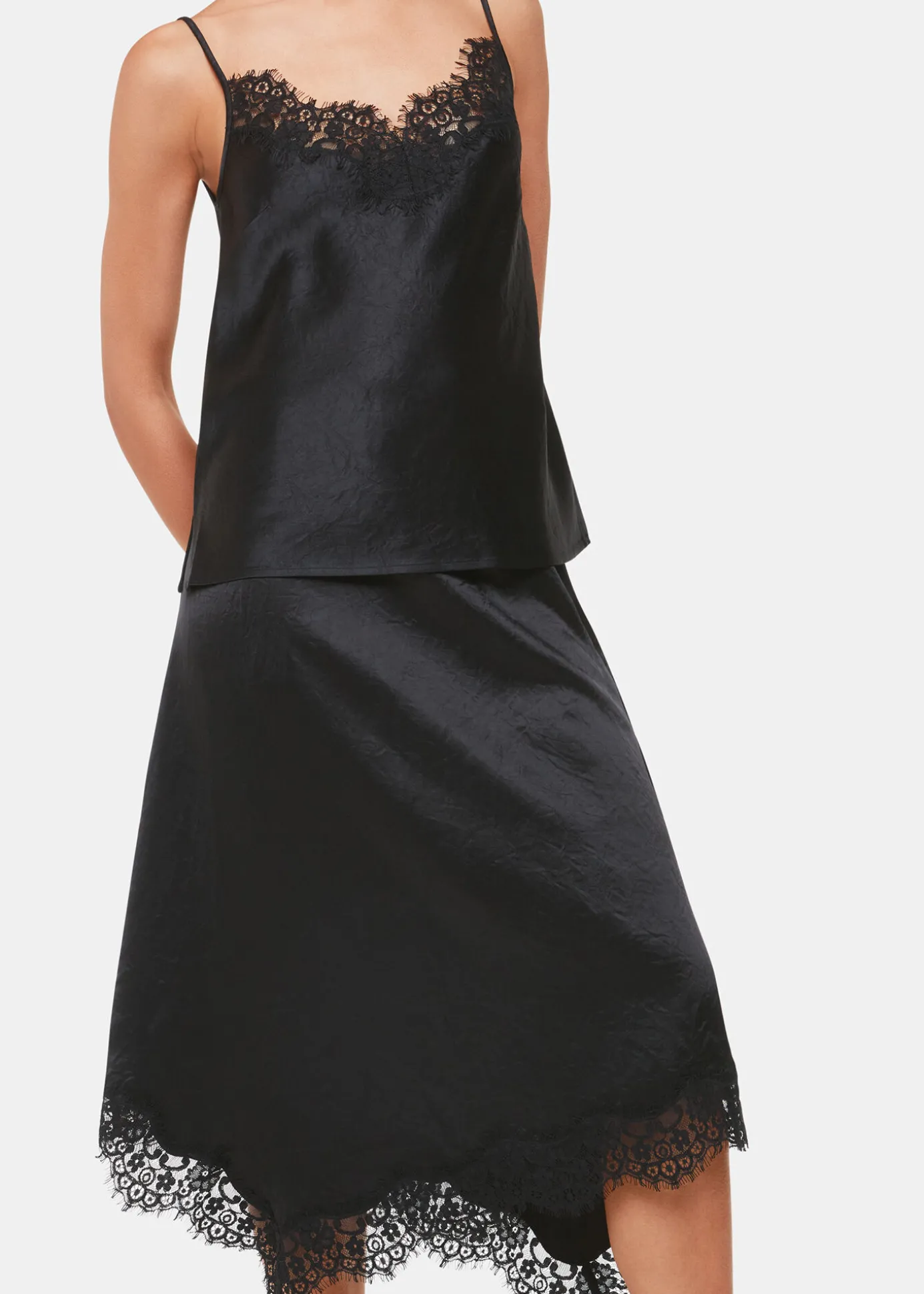 Black Lace Trim Midi Skirt