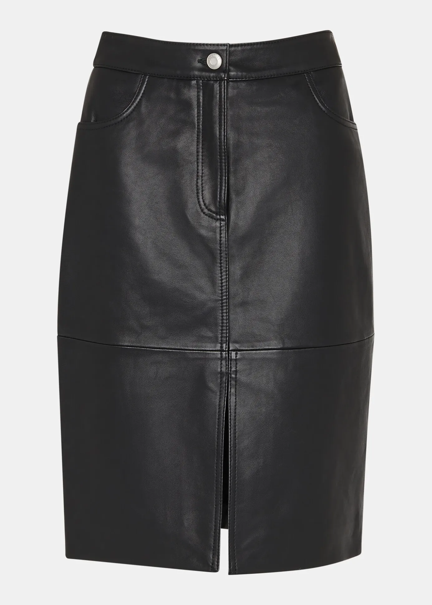 Black Leather Front Split Midi Skirt