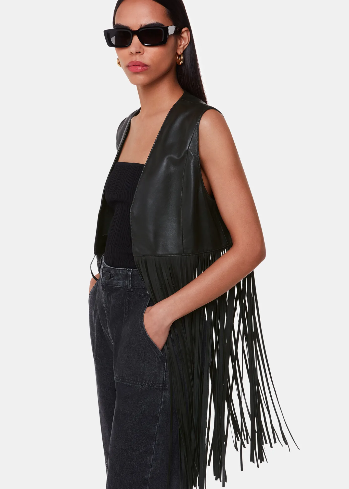 Black Rei Leather Fringed Waistcoat