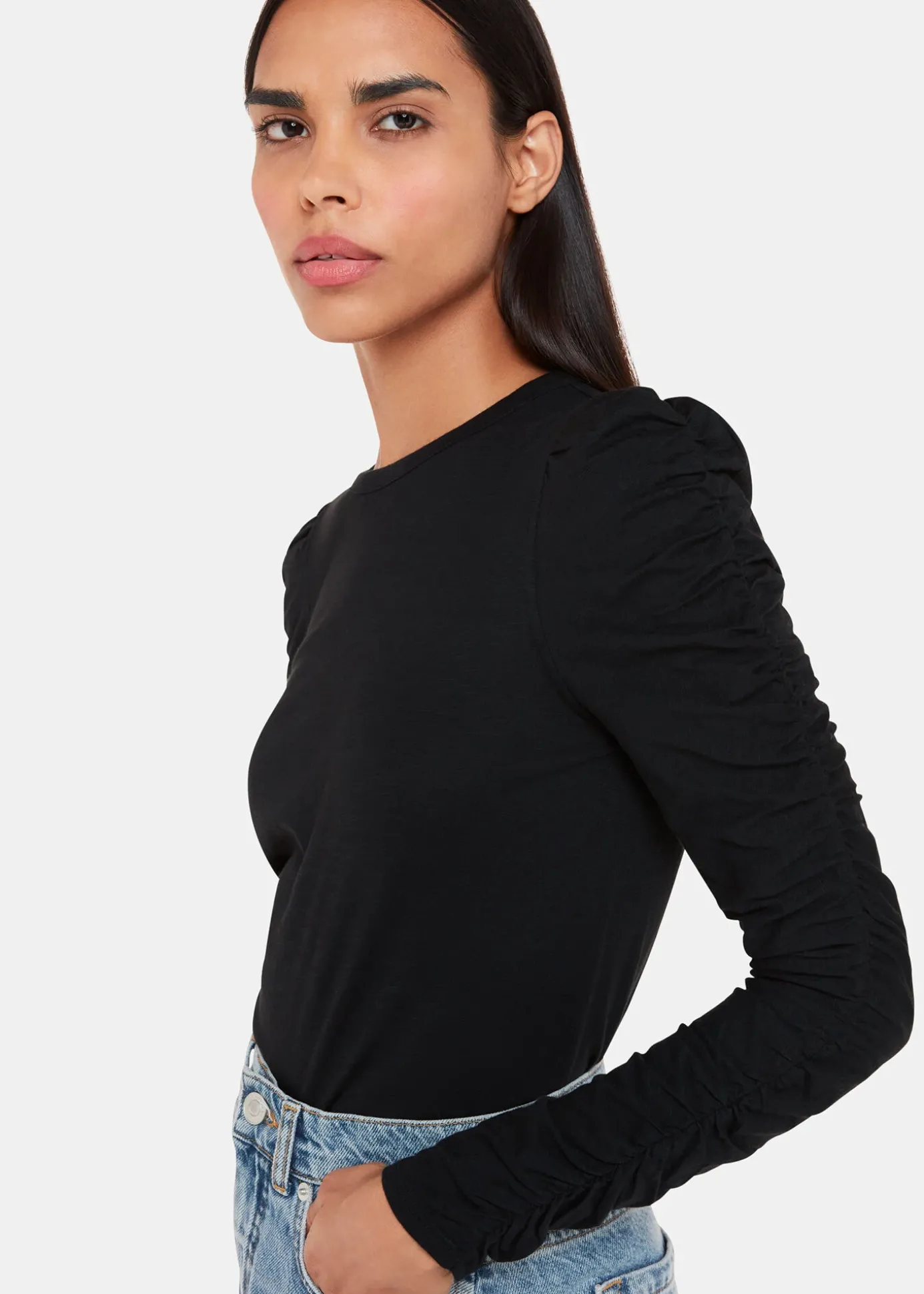 Black Ruched Sleeve Top