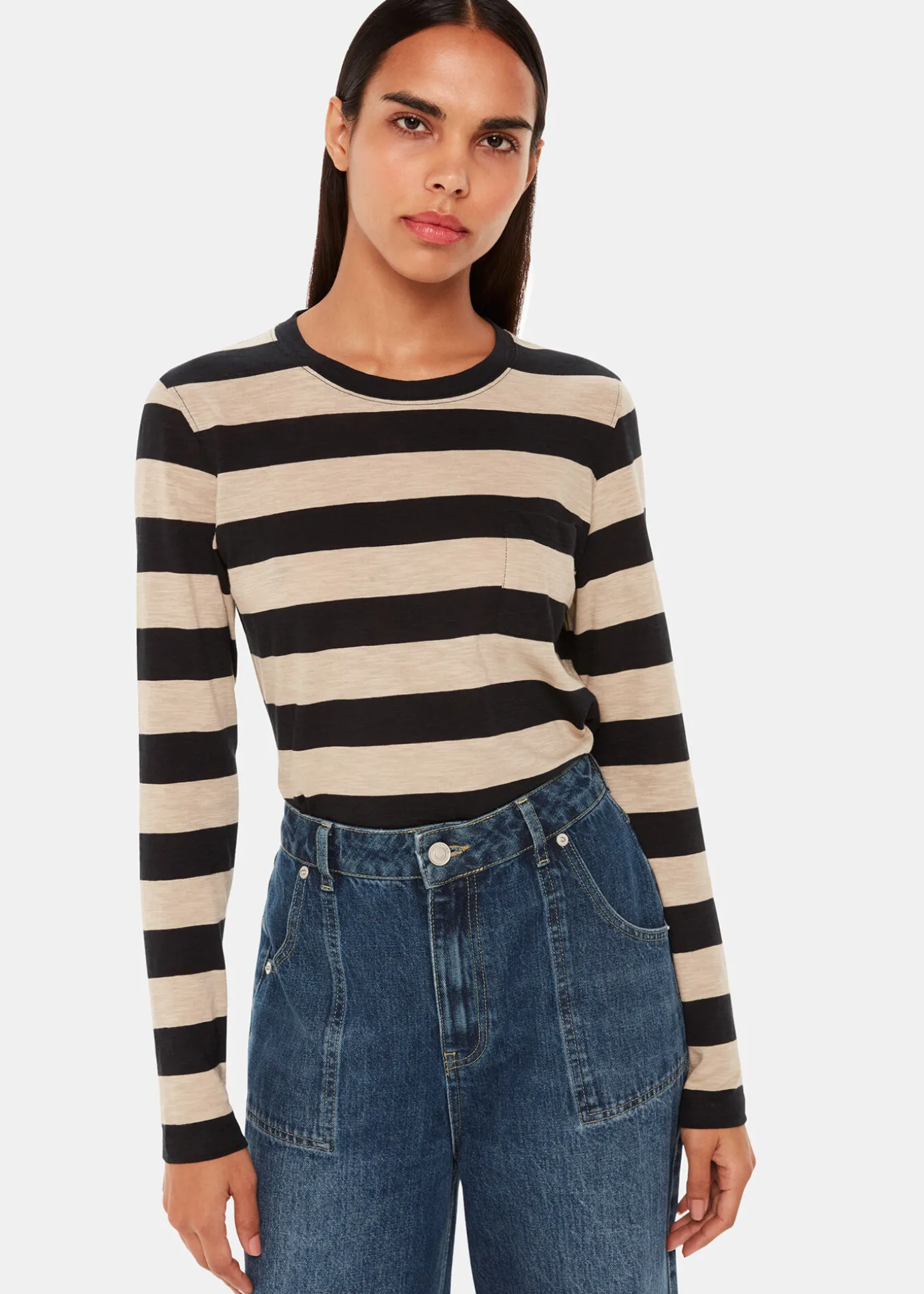 Black Stripe Crew Neck Pocket Top