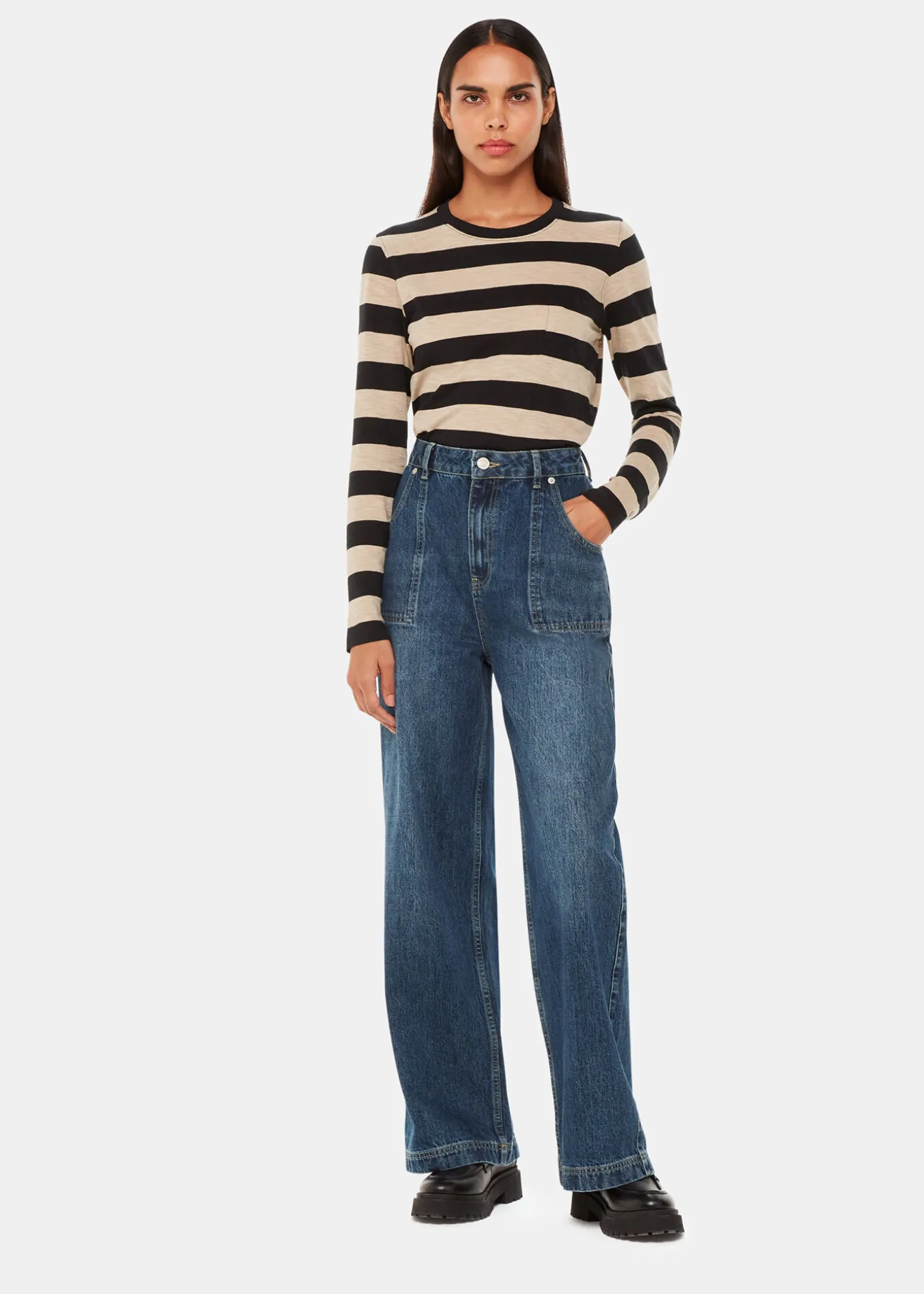 Black Stripe Crew Neck Pocket Top
