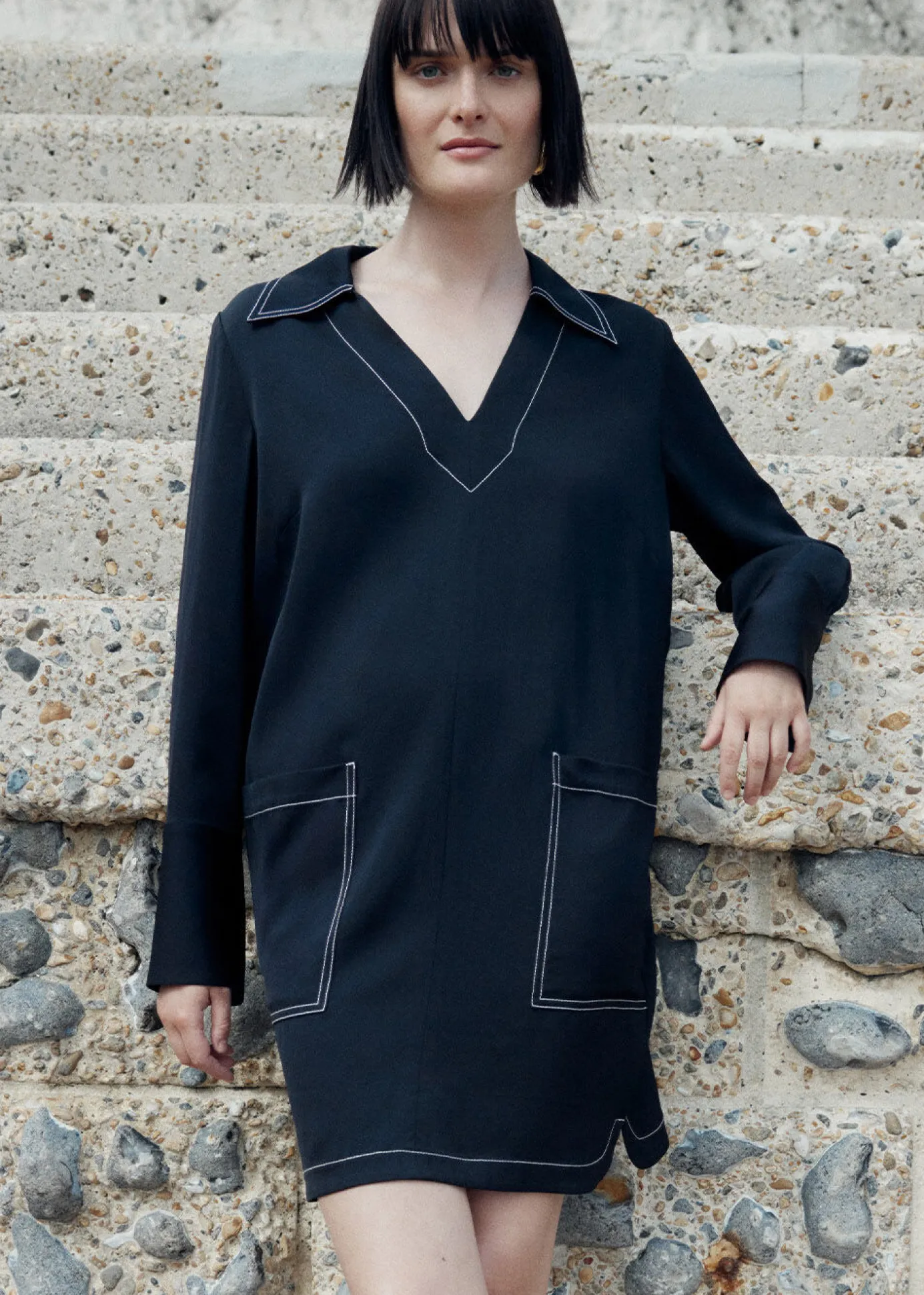 Black Topstitch Detail Shirt Dress