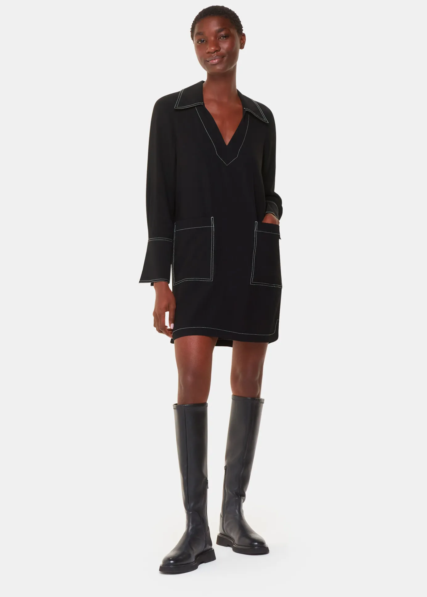 Black Topstitch Detail Shirt Dress