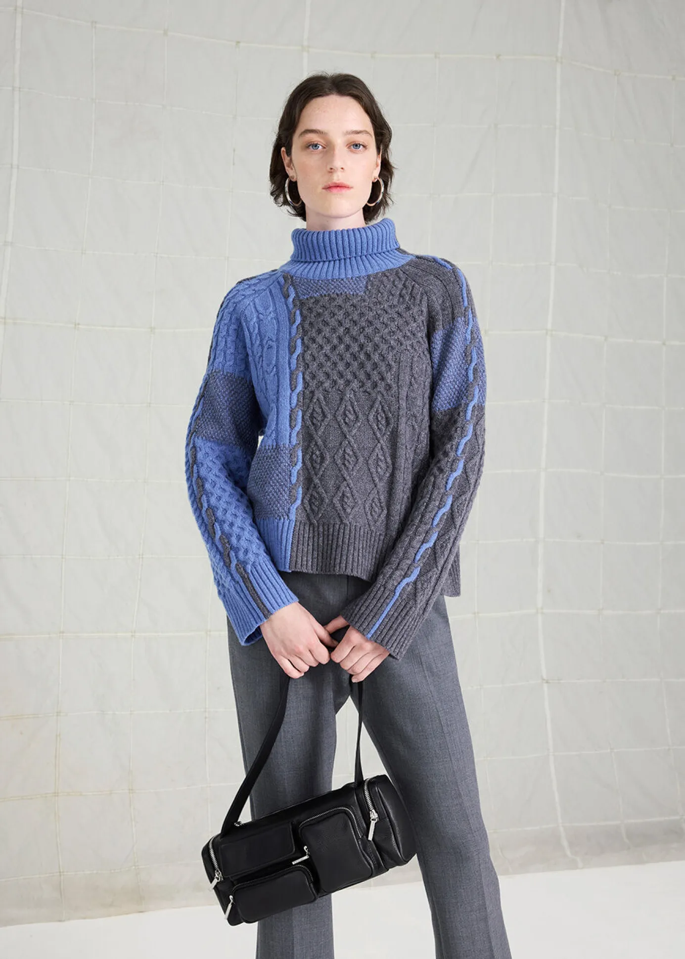 Blue Patchwork Cable Knit Sweater