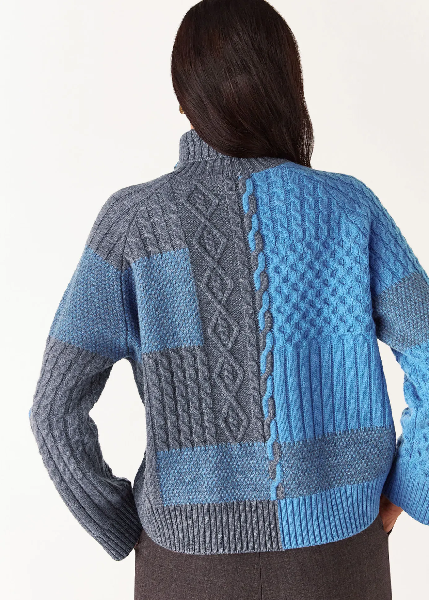 Blue Patchwork Cable Knit Sweater