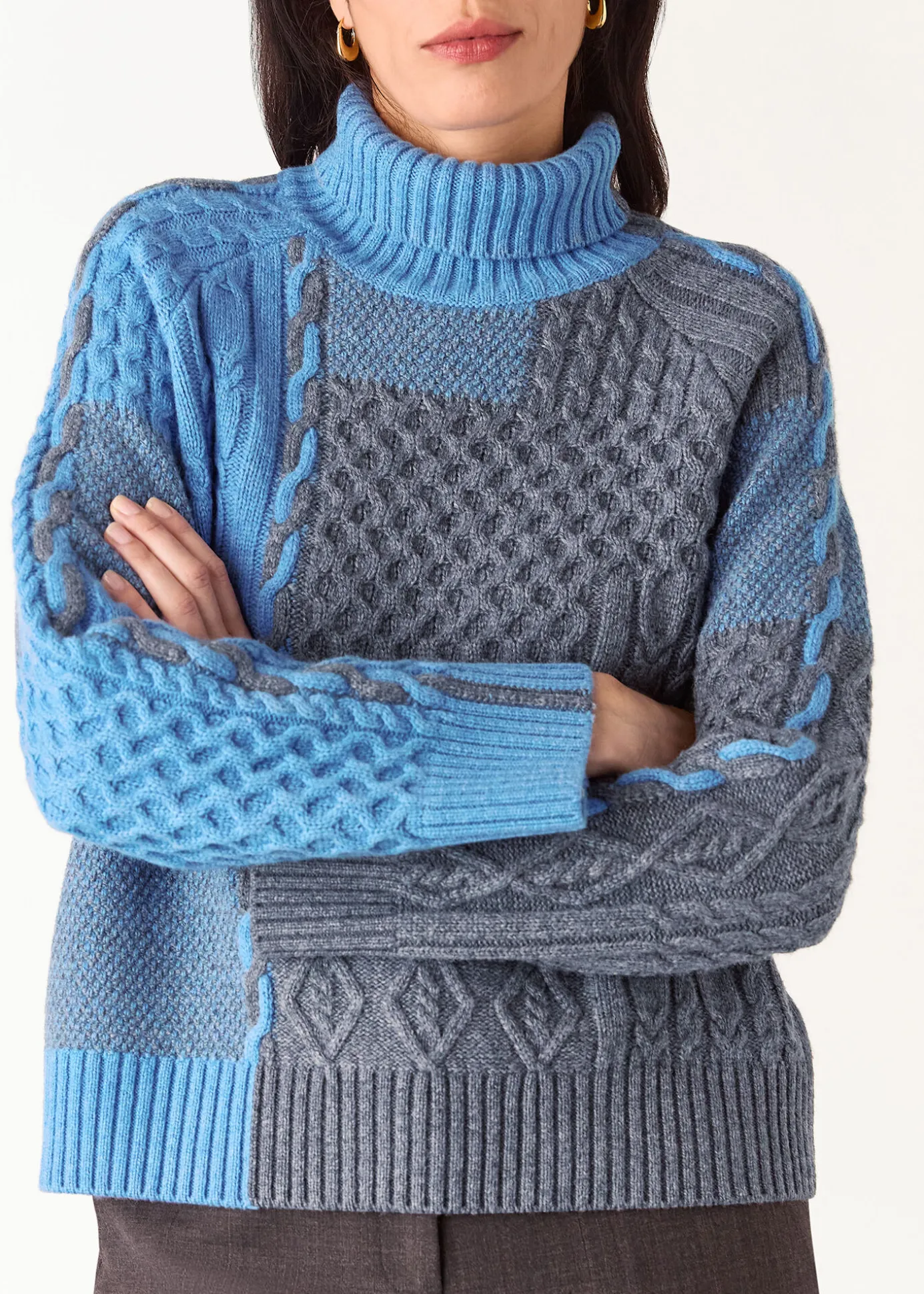 Blue Patchwork Cable Knit Sweater