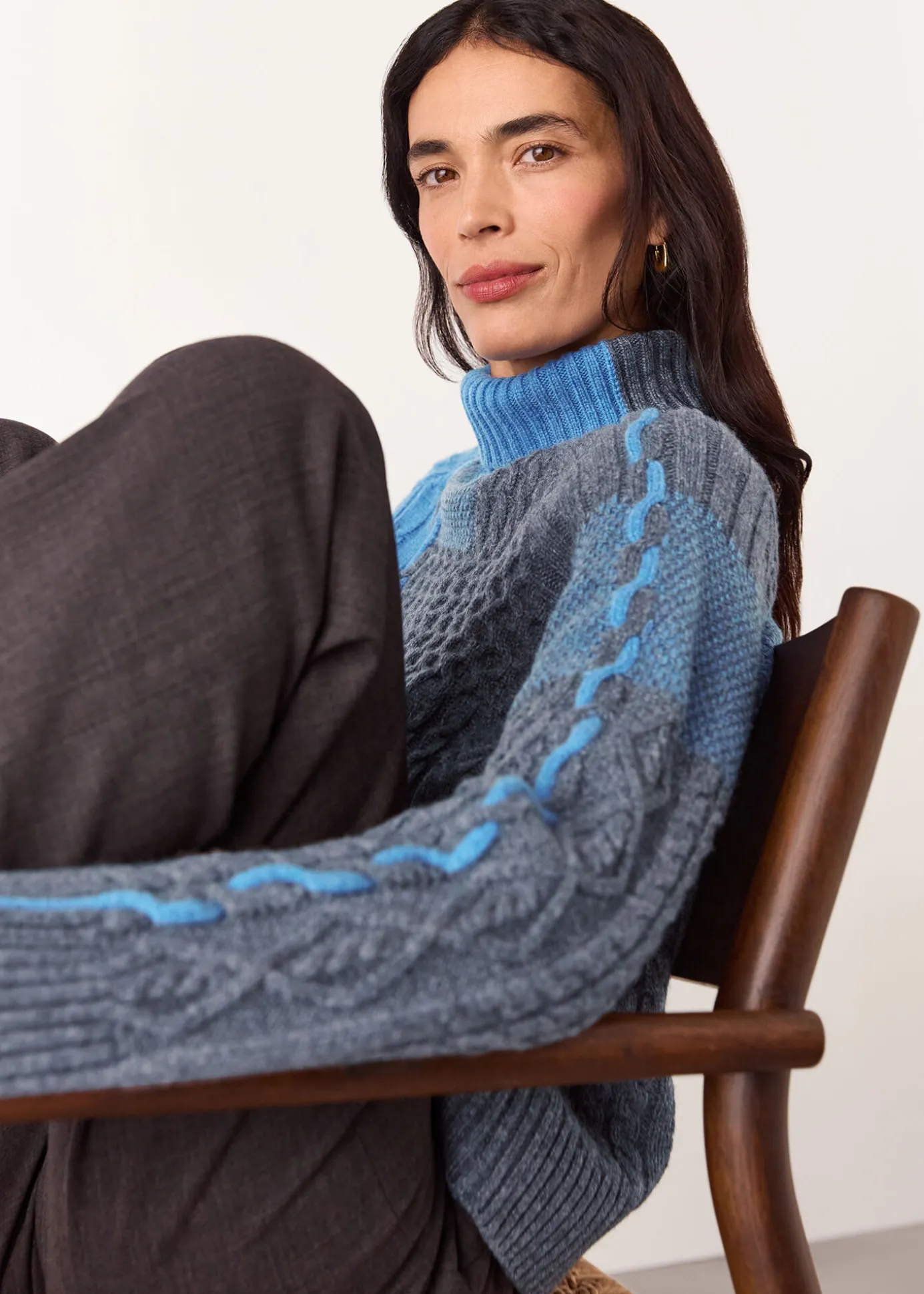 Blue Patchwork Cable Knit Sweater