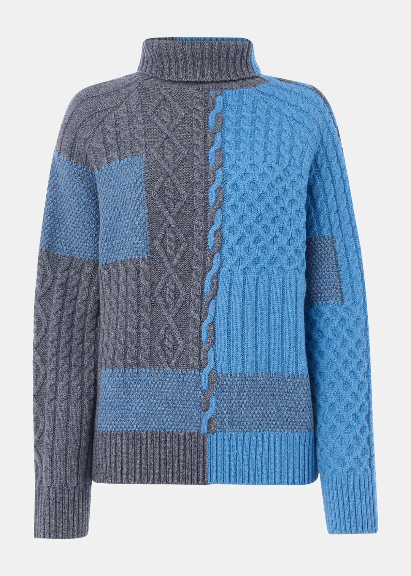 Blue Patchwork Cable Knit Sweater