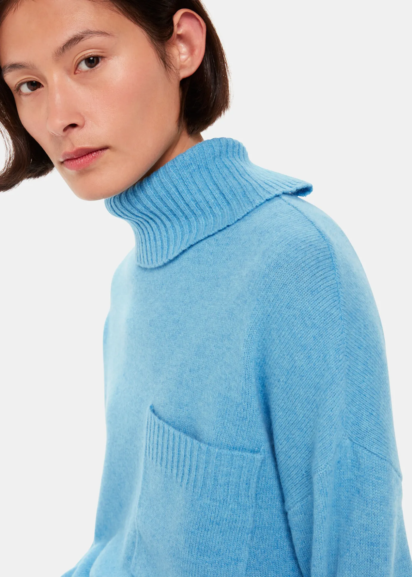 Blue Wool Roll Neck Pocket Sweater
