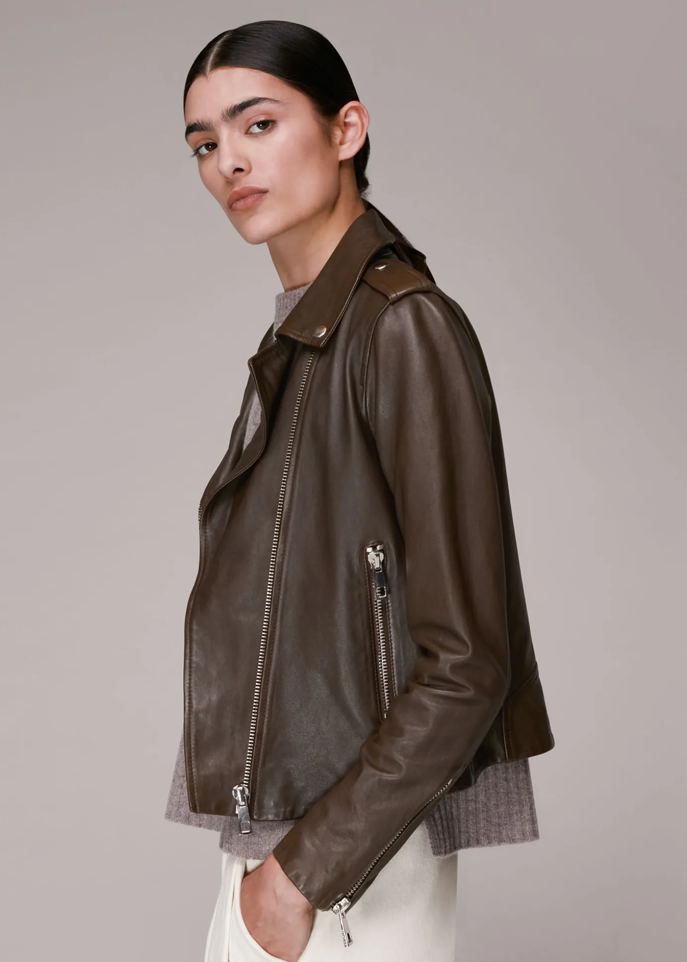 Chocolate Agnes Pocket Leather Jacket