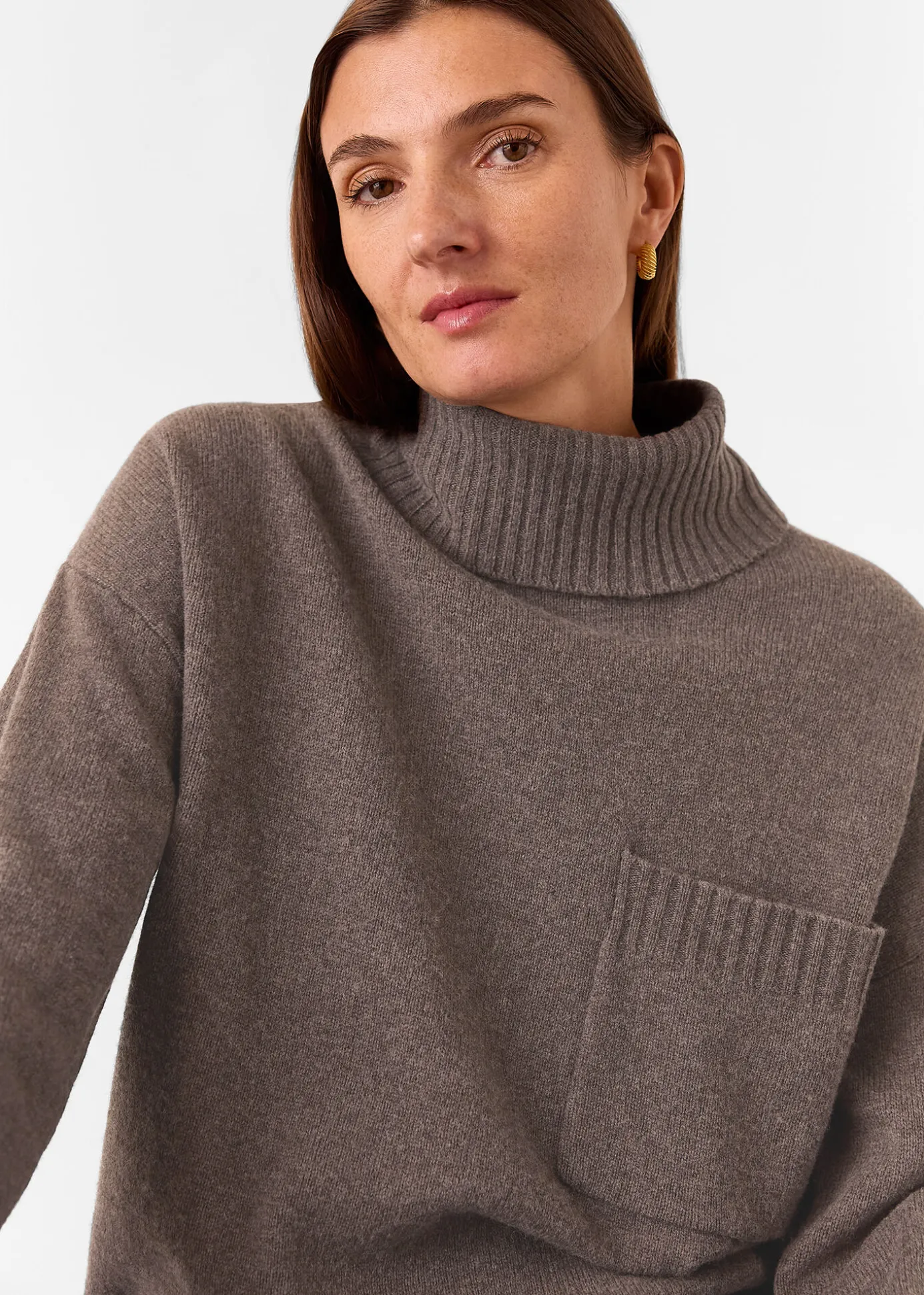 Chocolate Wool Roll Neck Pocket Sweater