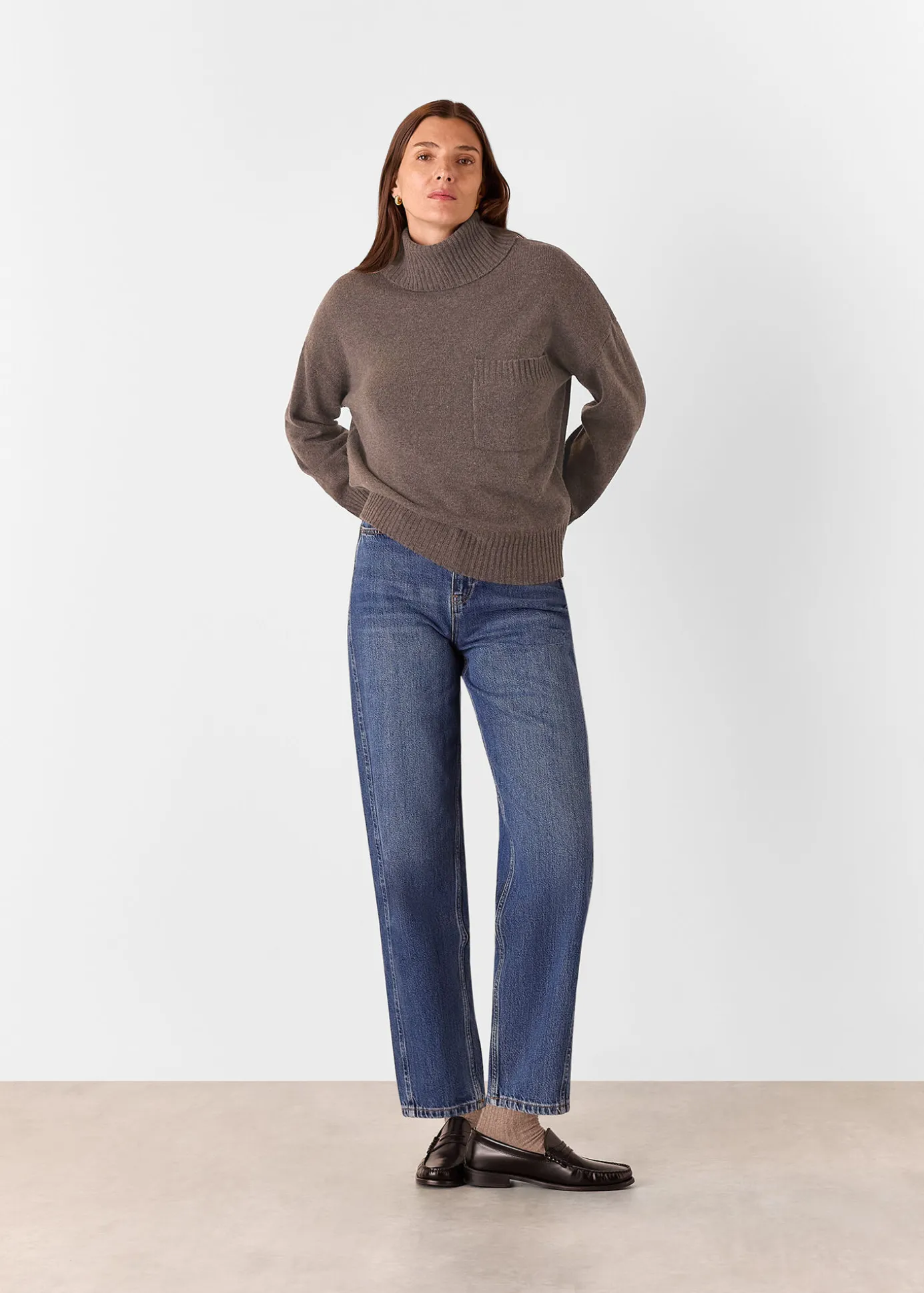 Chocolate Wool Roll Neck Pocket Sweater