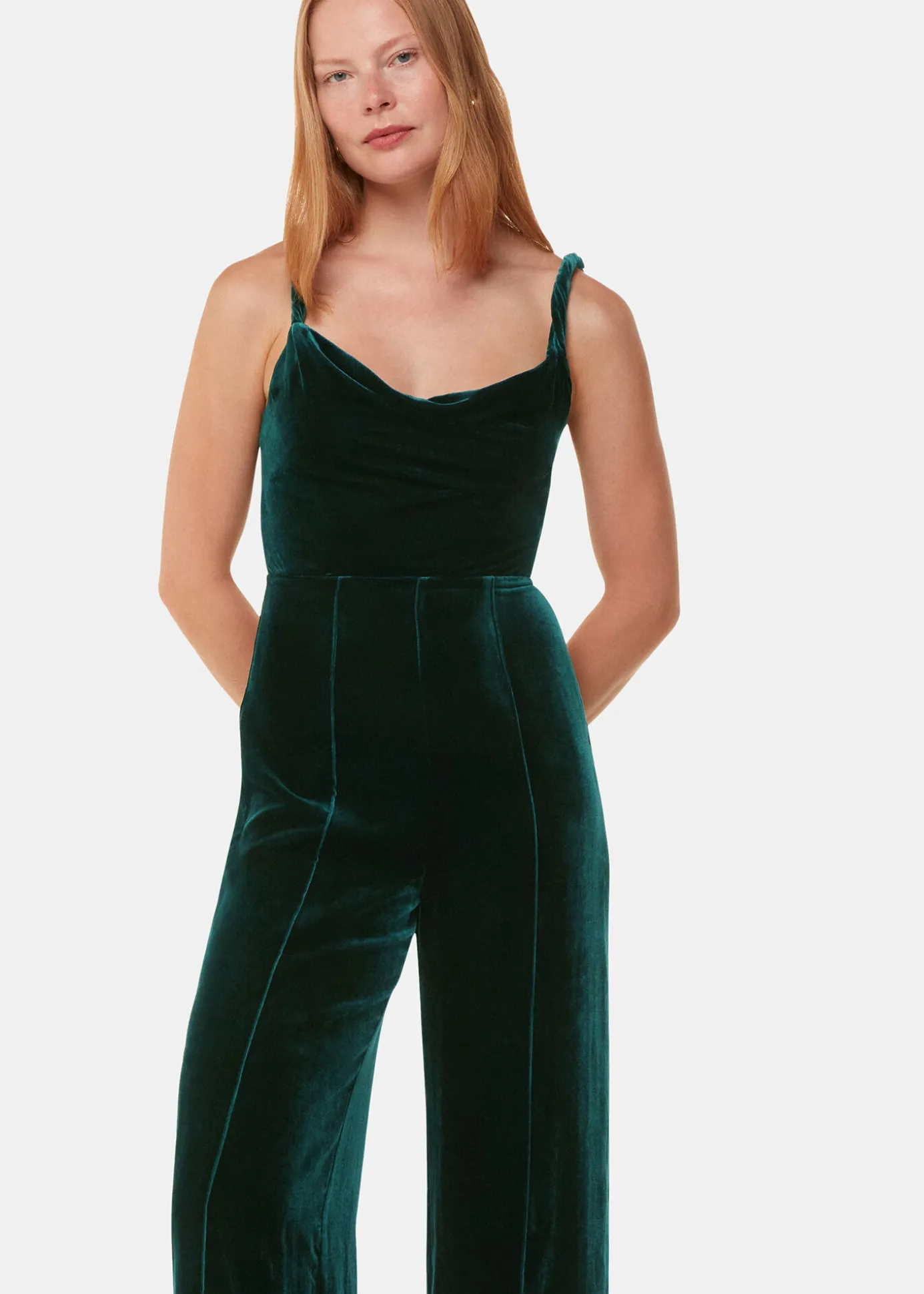 Dark Green Twist Strap Velvet Jumpsuit