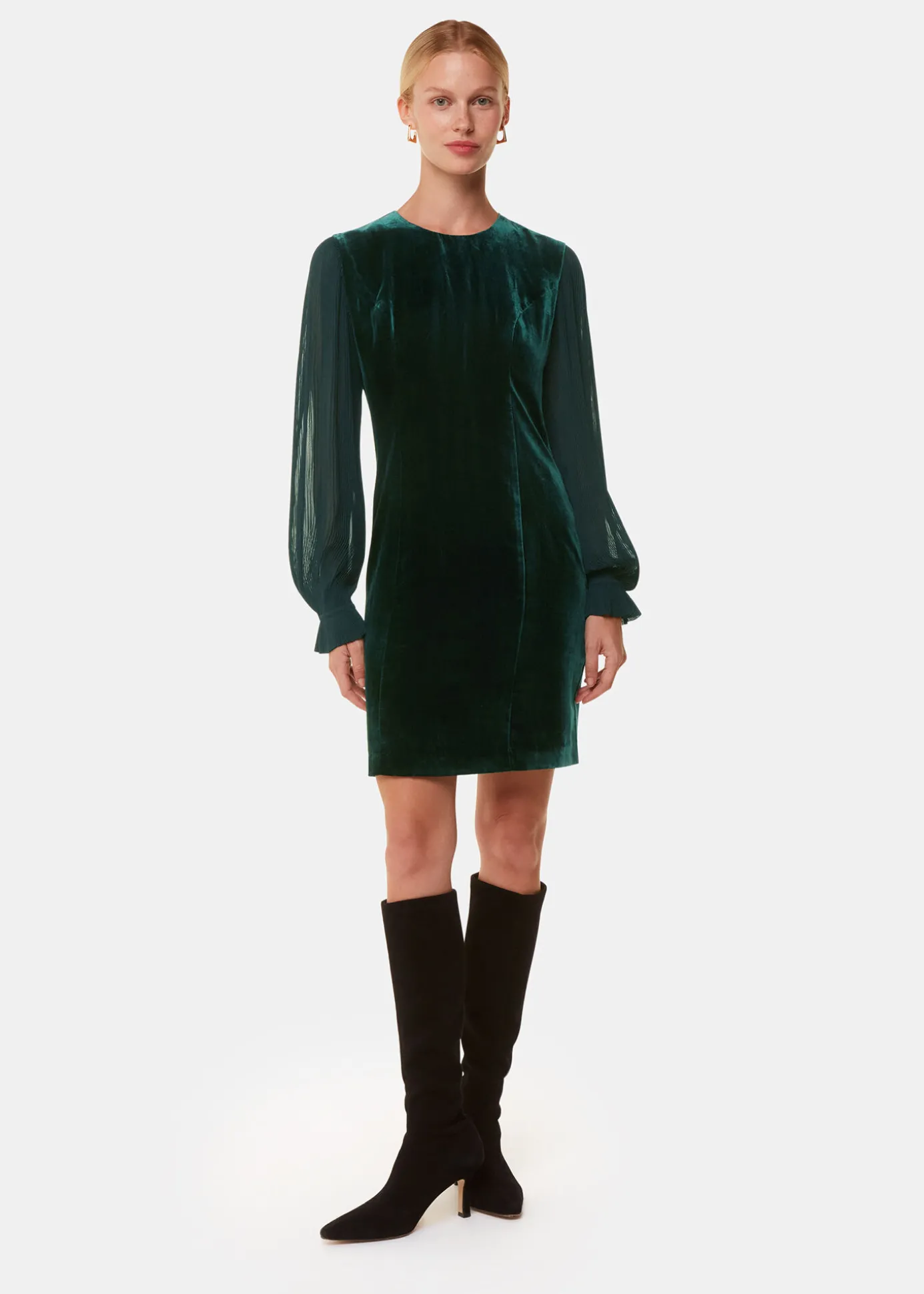 Dark Green Velvet Pleated Sleeve Dress