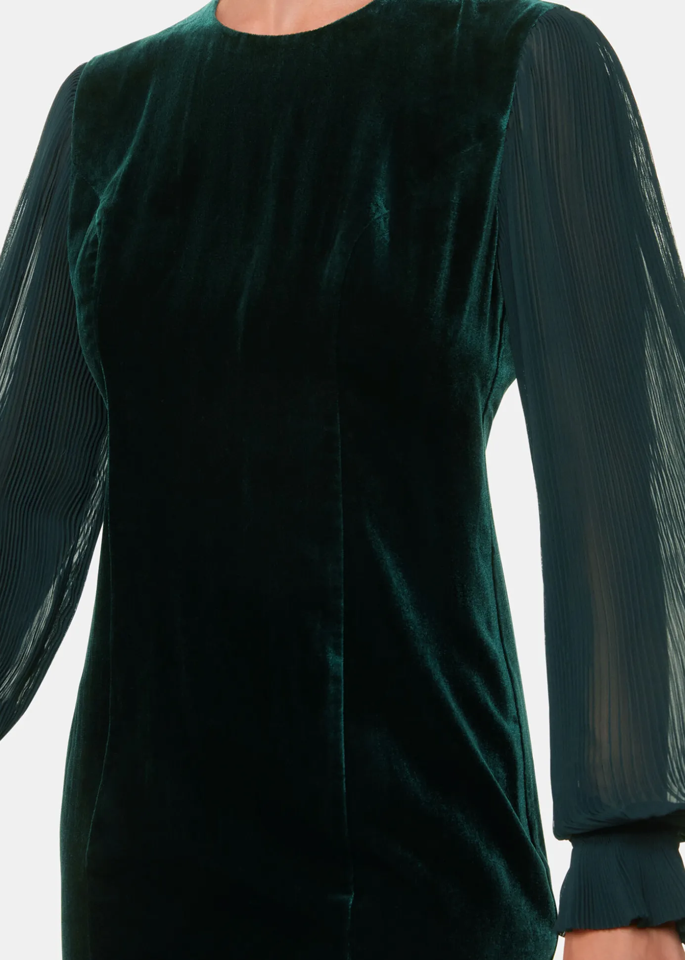 Dark Green Velvet Pleated Sleeve Dress