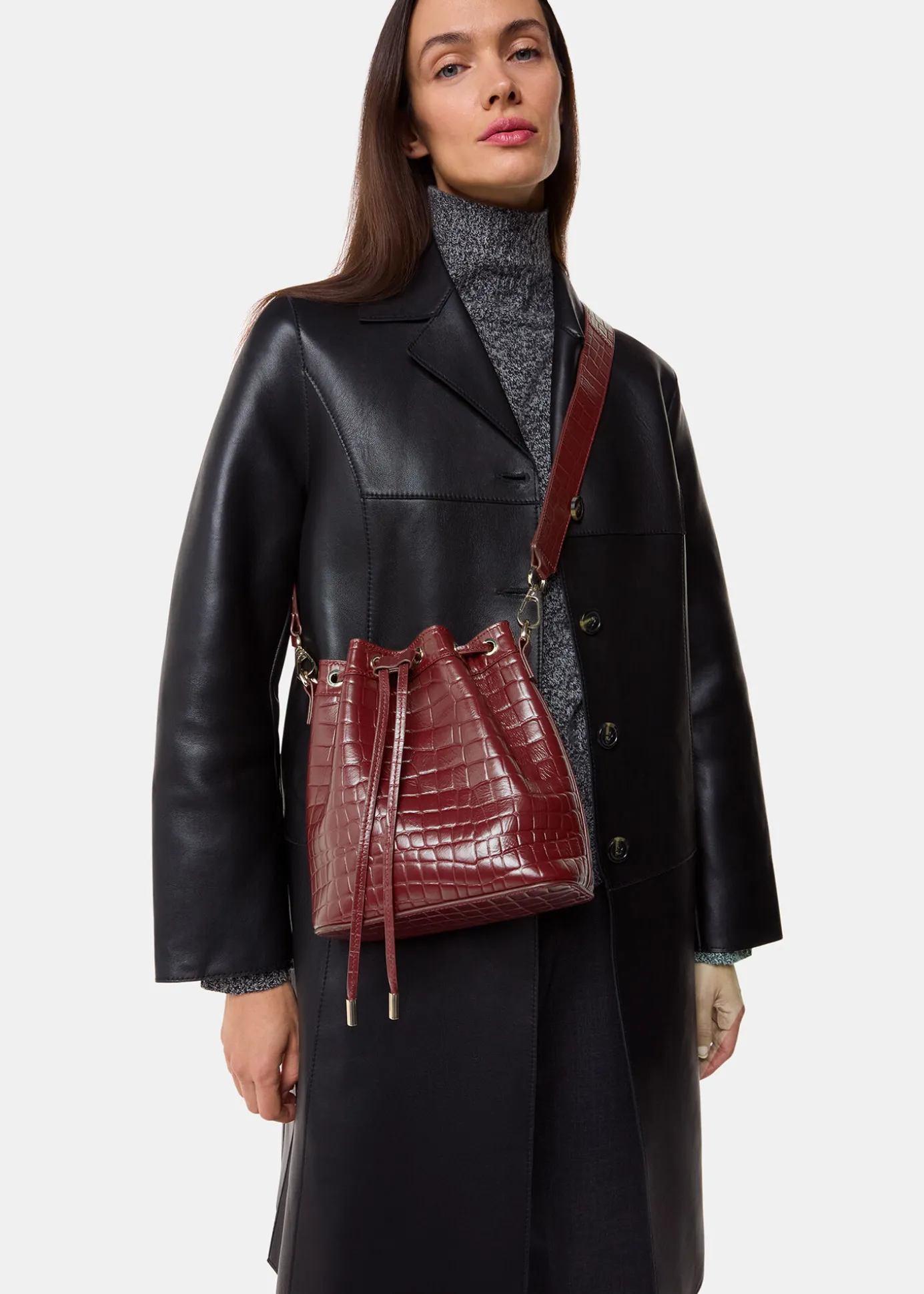 Dark Red Giulia Croc Bucket Bag