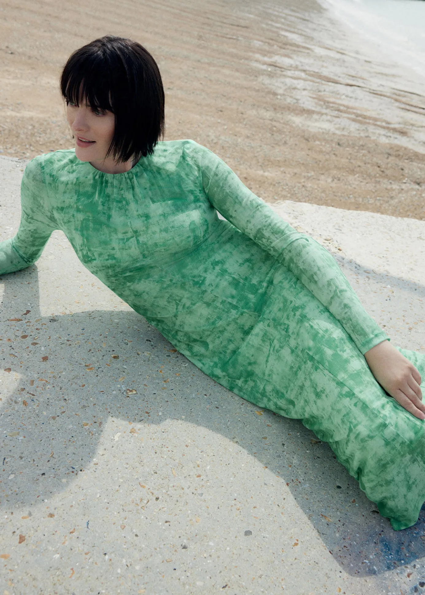 Green Brushwork Print Mesh Dress
