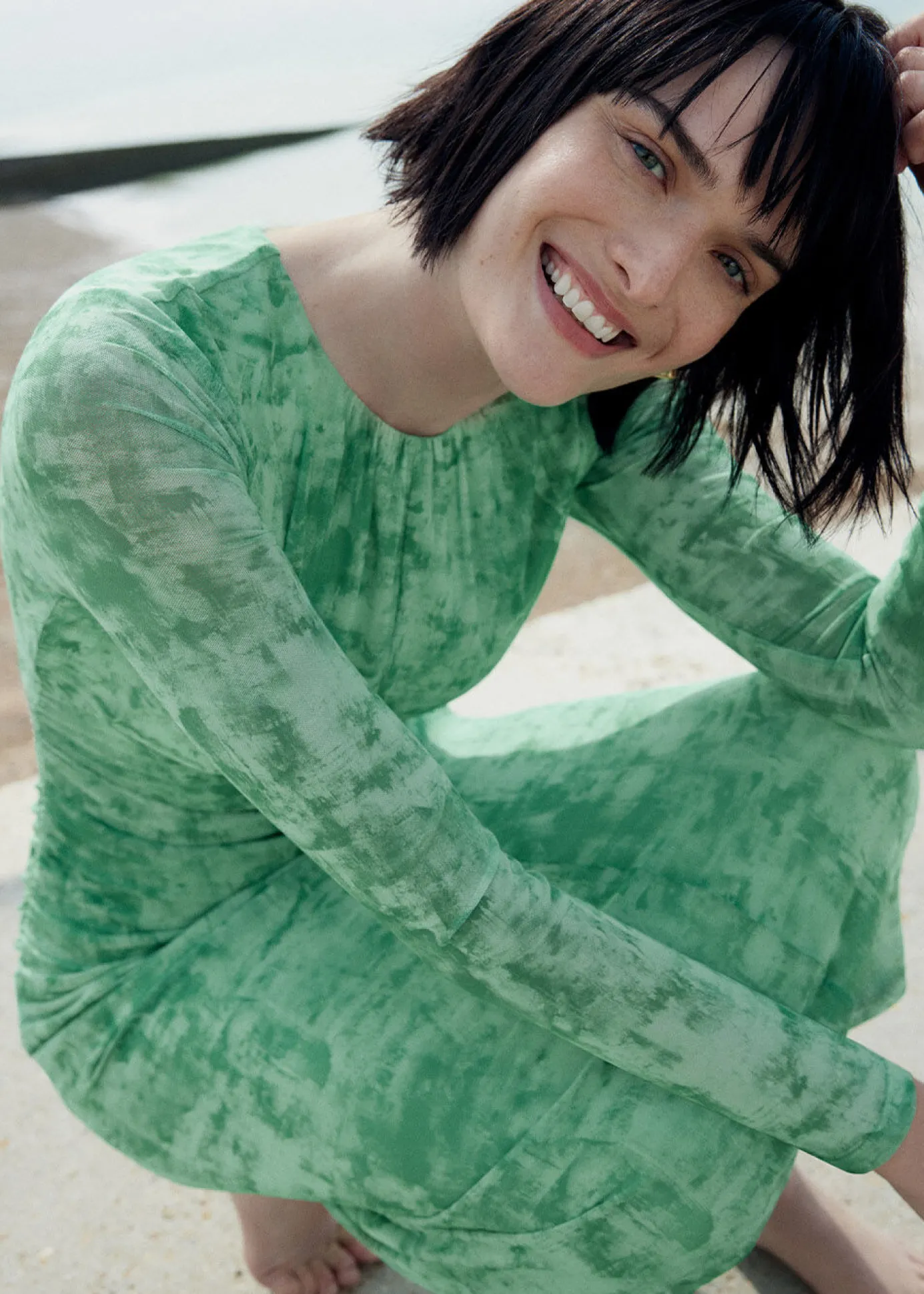 Green Brushwork Print Mesh Dress