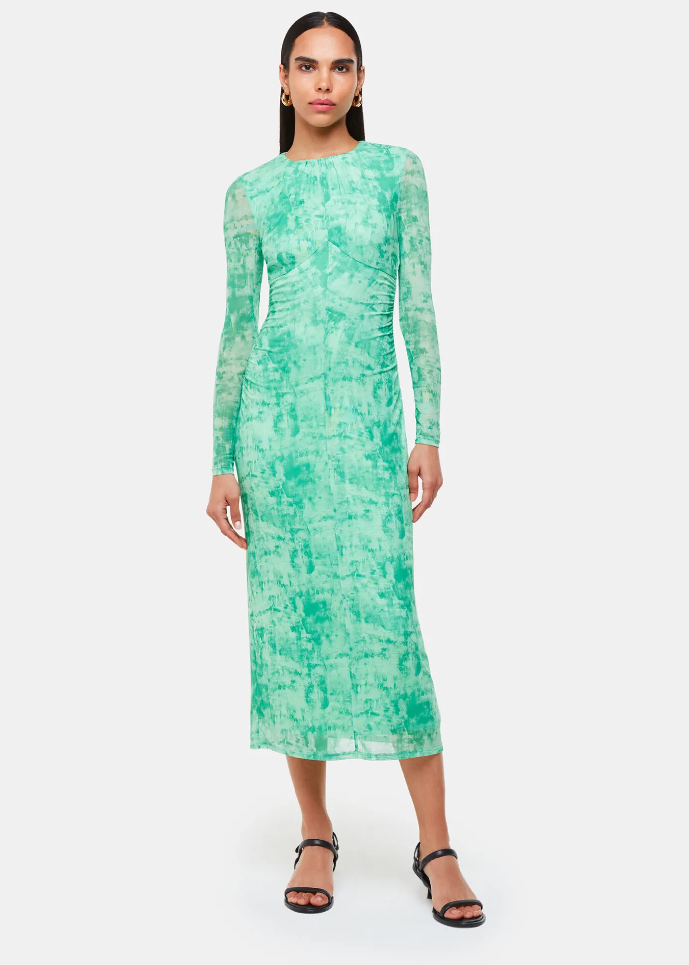Green Brushwork Print Mesh Dress