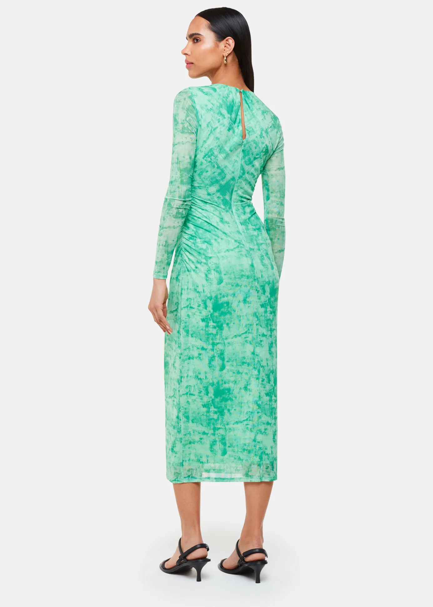 Green Brushwork Print Mesh Dress