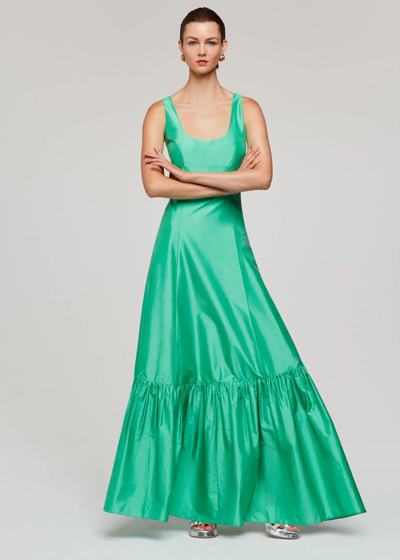 Green Taffeta Silk Blend Maxi Dress
