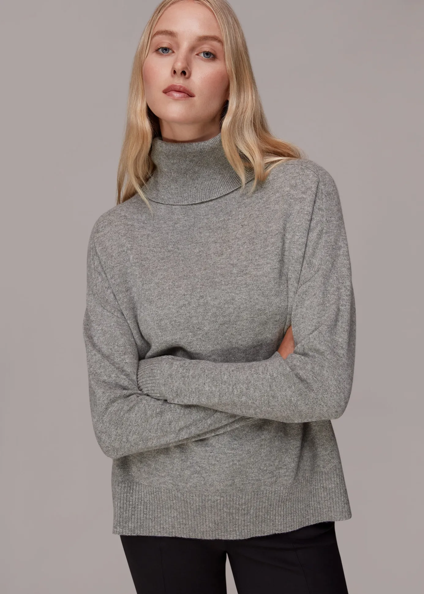 Grey Cashmere Roll Neck Jumper
