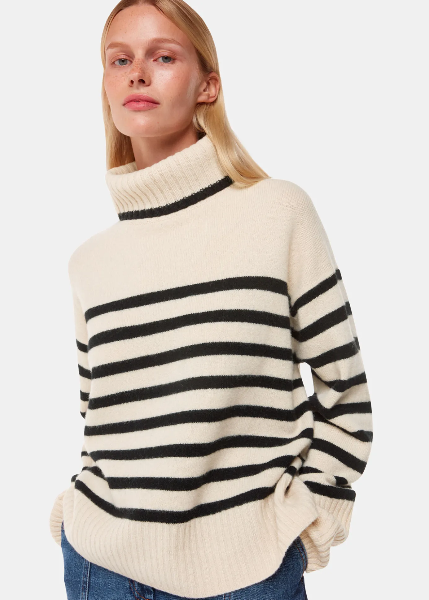 Ivory Stripe Wool Roll Neck