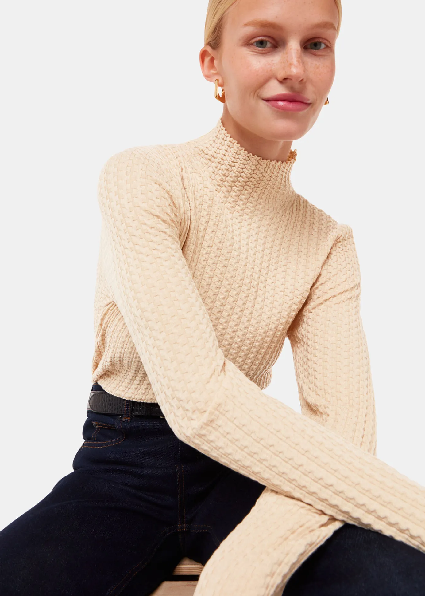 Ivory Textured Detail High Neck Knit