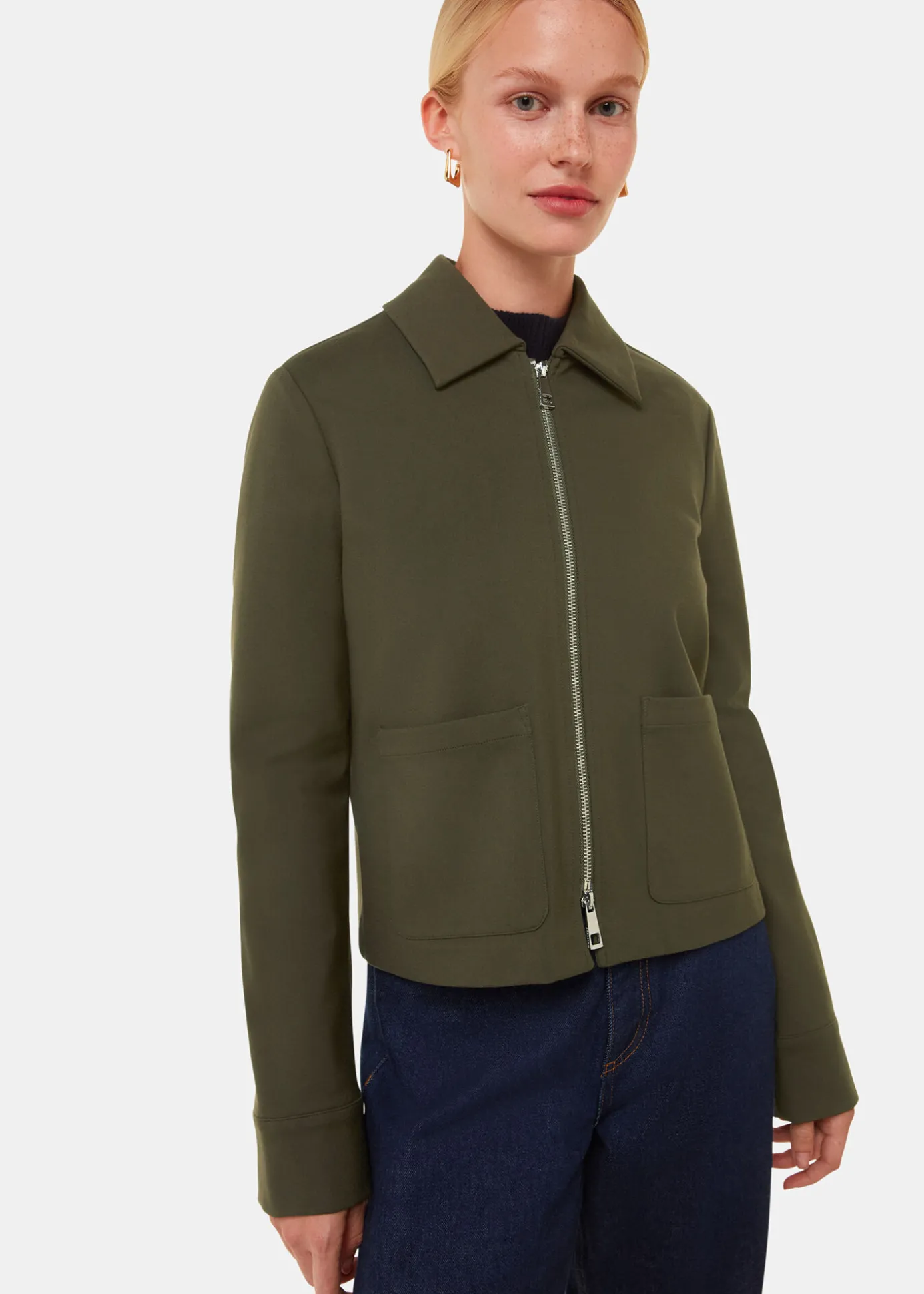 Khaki Marla Ponte Zip Through Jacket