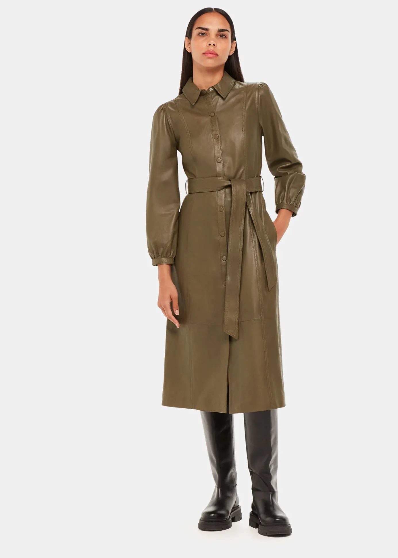 Khaki Phoebe Leather Shirt Dress