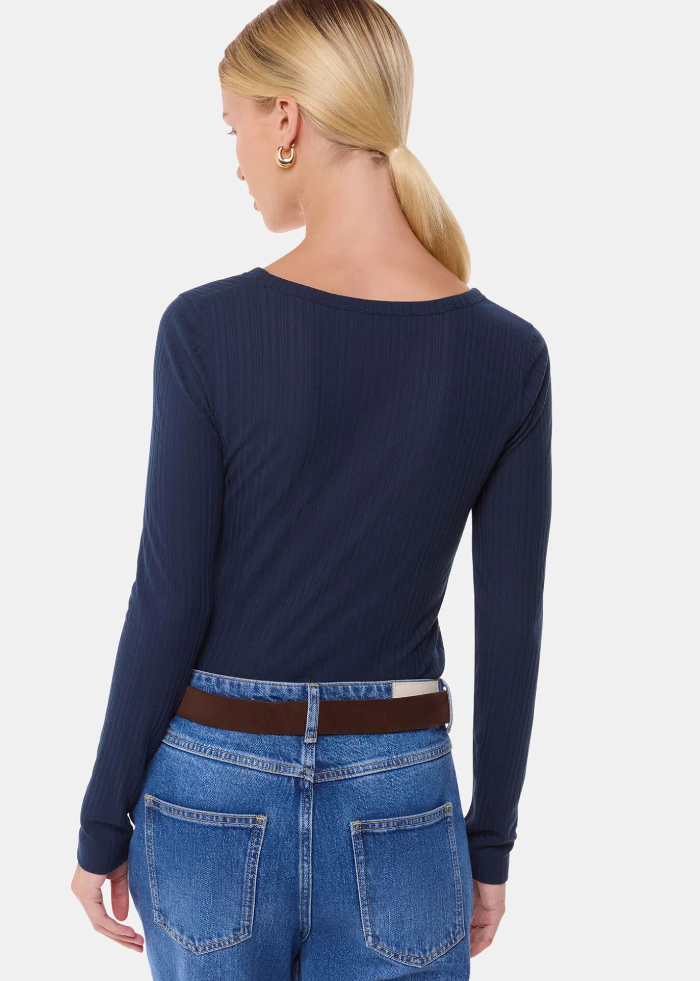 Navy Diagonal Rib V Neck Top