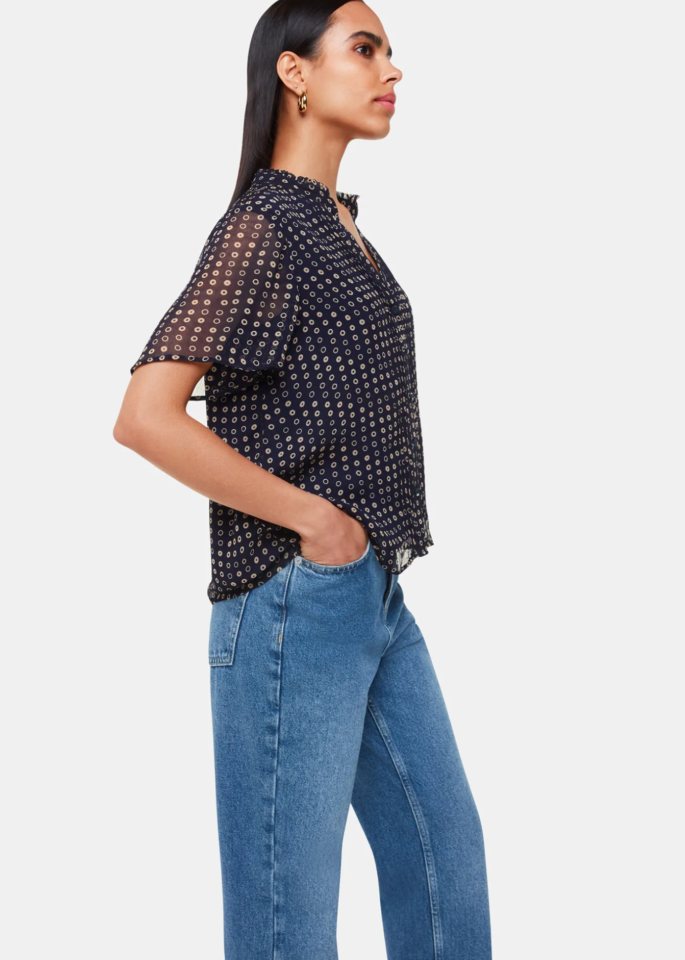 Navy Spotted Hoop Frill Blouse