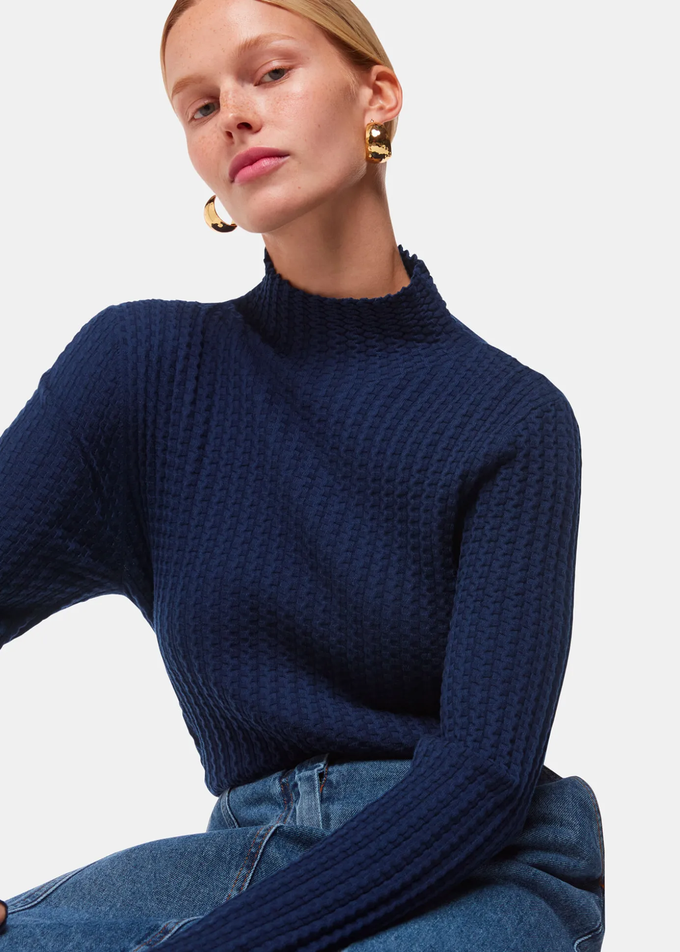Navy Textured Detail High Neck Knit