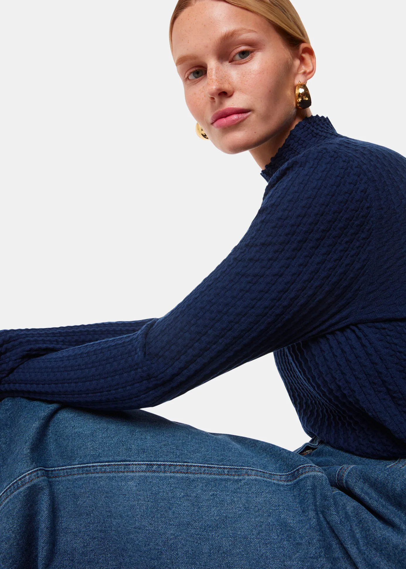 Navy Textured Detail High Neck Knit