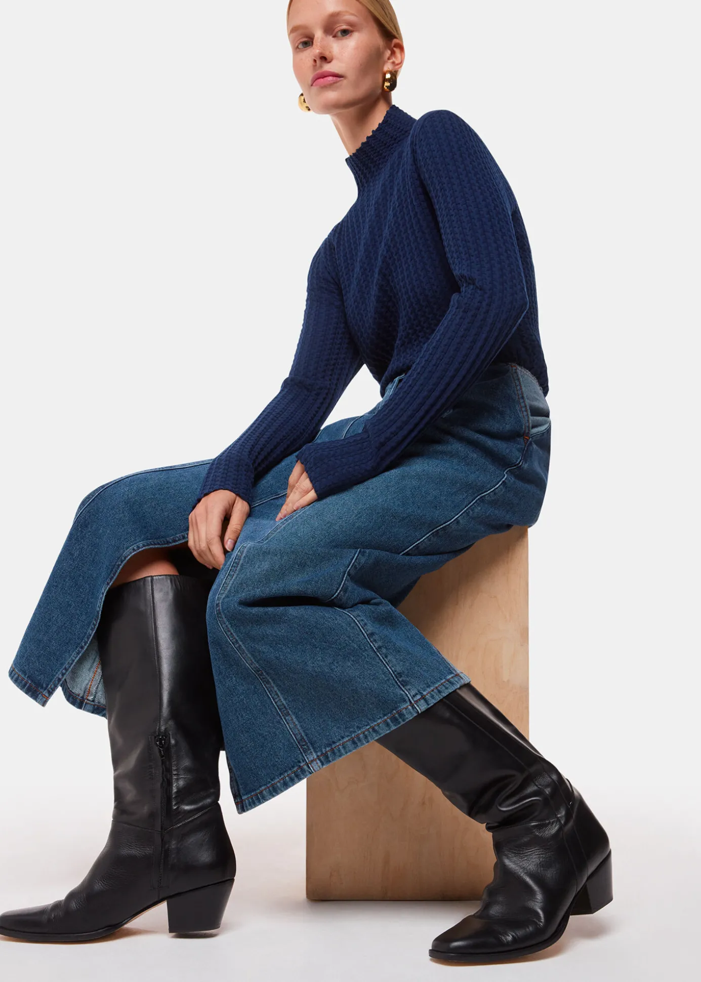 Navy Textured Detail High Neck Knit