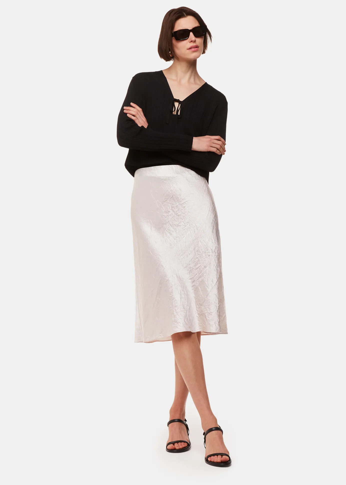 Neutral Satin Knee Length Skirt