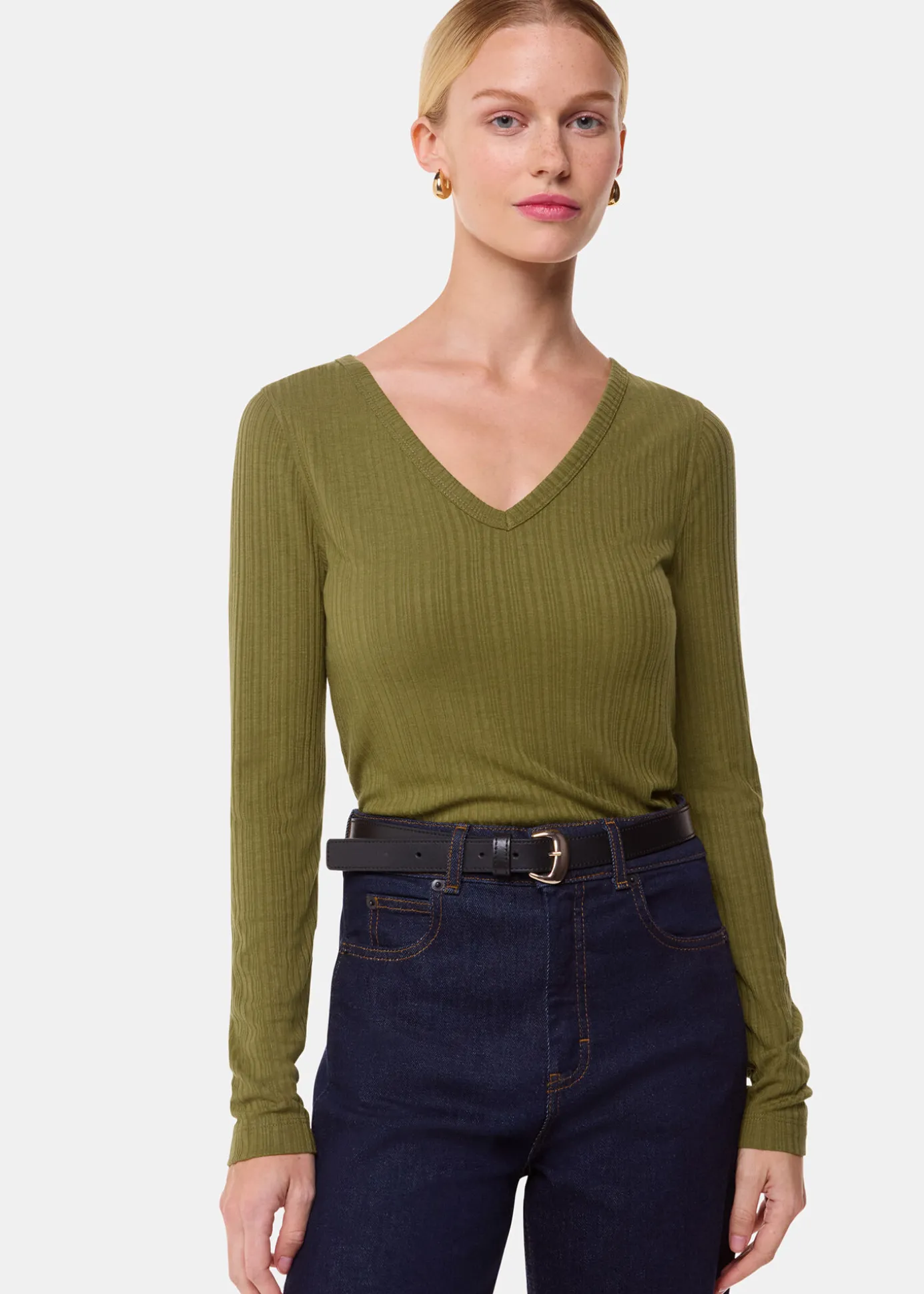 Olive Diagonal Rib V Neck Top