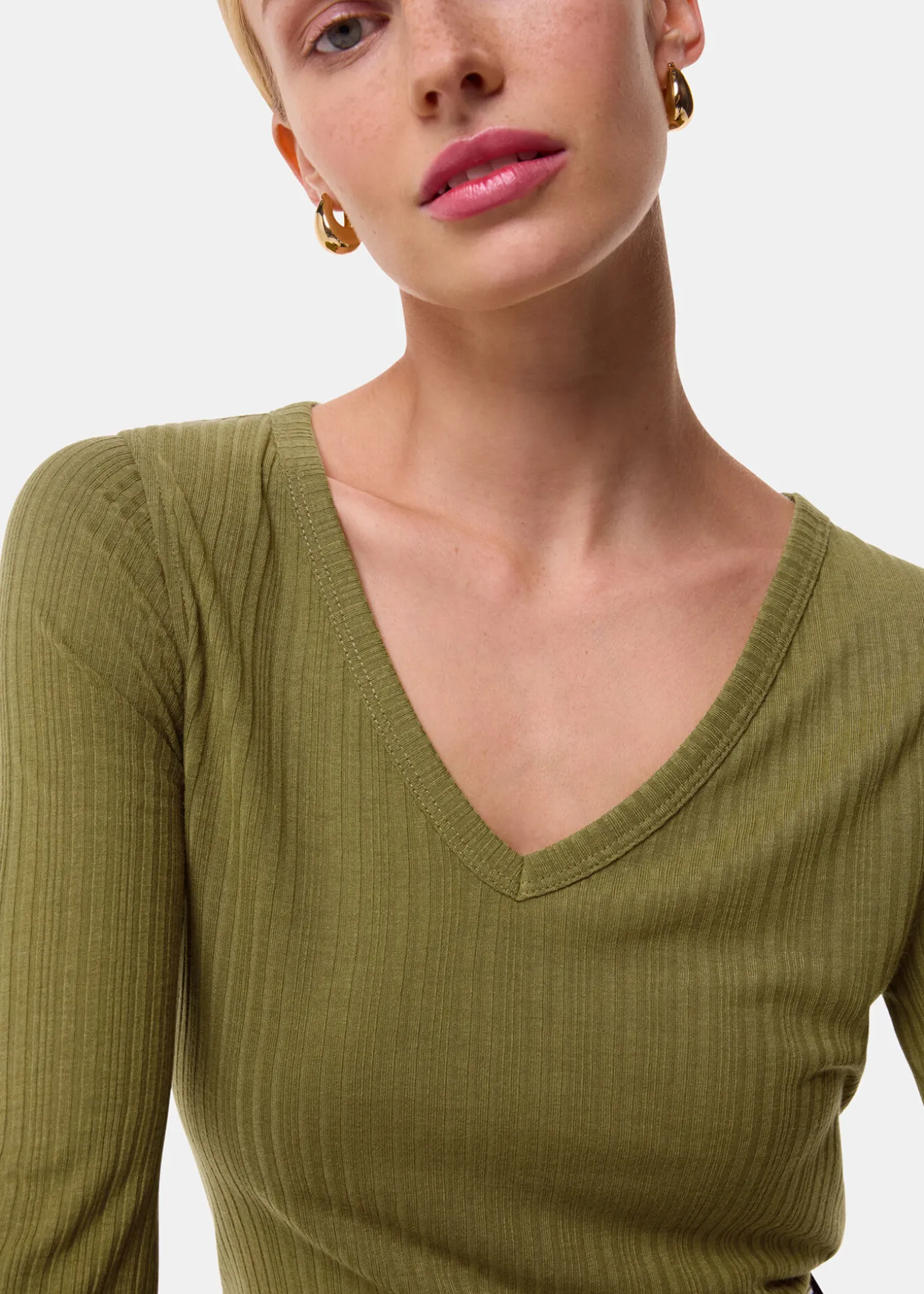 Olive Diagonal Rib V Neck Top