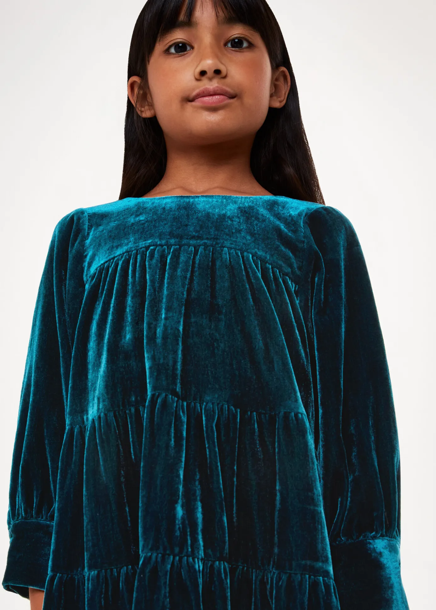 Teal Sawyer Tiered Velvet Dress