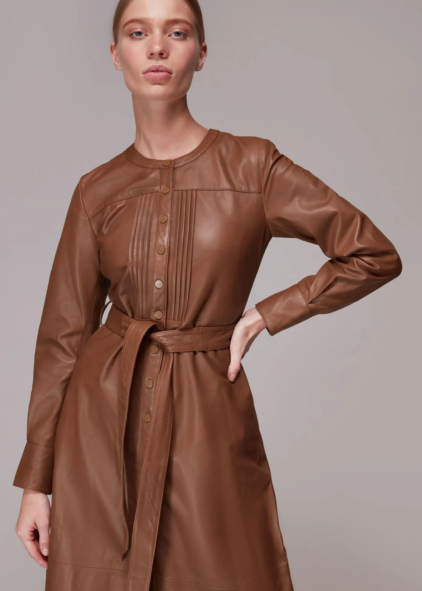 Toffee Pintuck Leather Midi Dress