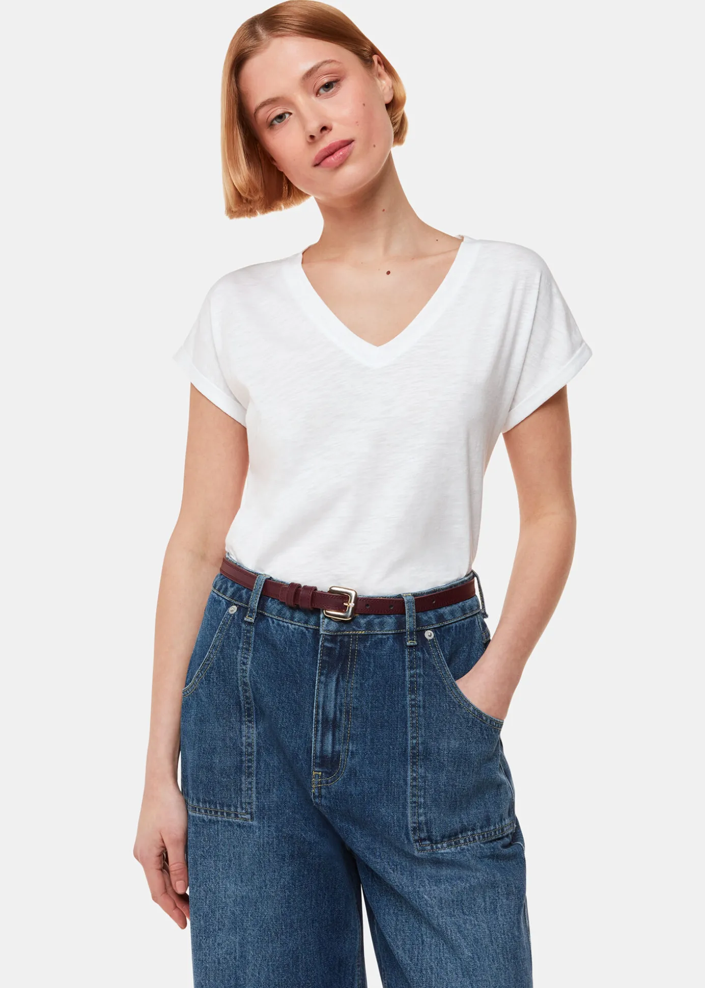 White Willa V-Neck Cap Sleeve Tee
